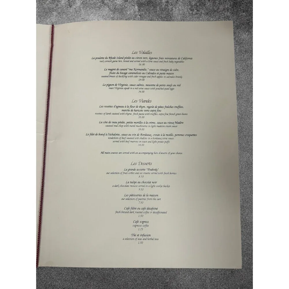 Vintage The Conservatory at Peabody Court Restaurant Menu